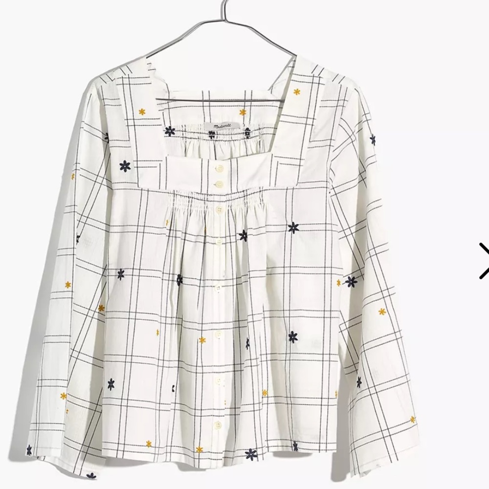 Madewell Embroidered Window Pane Square Neck Flower Stripe Top